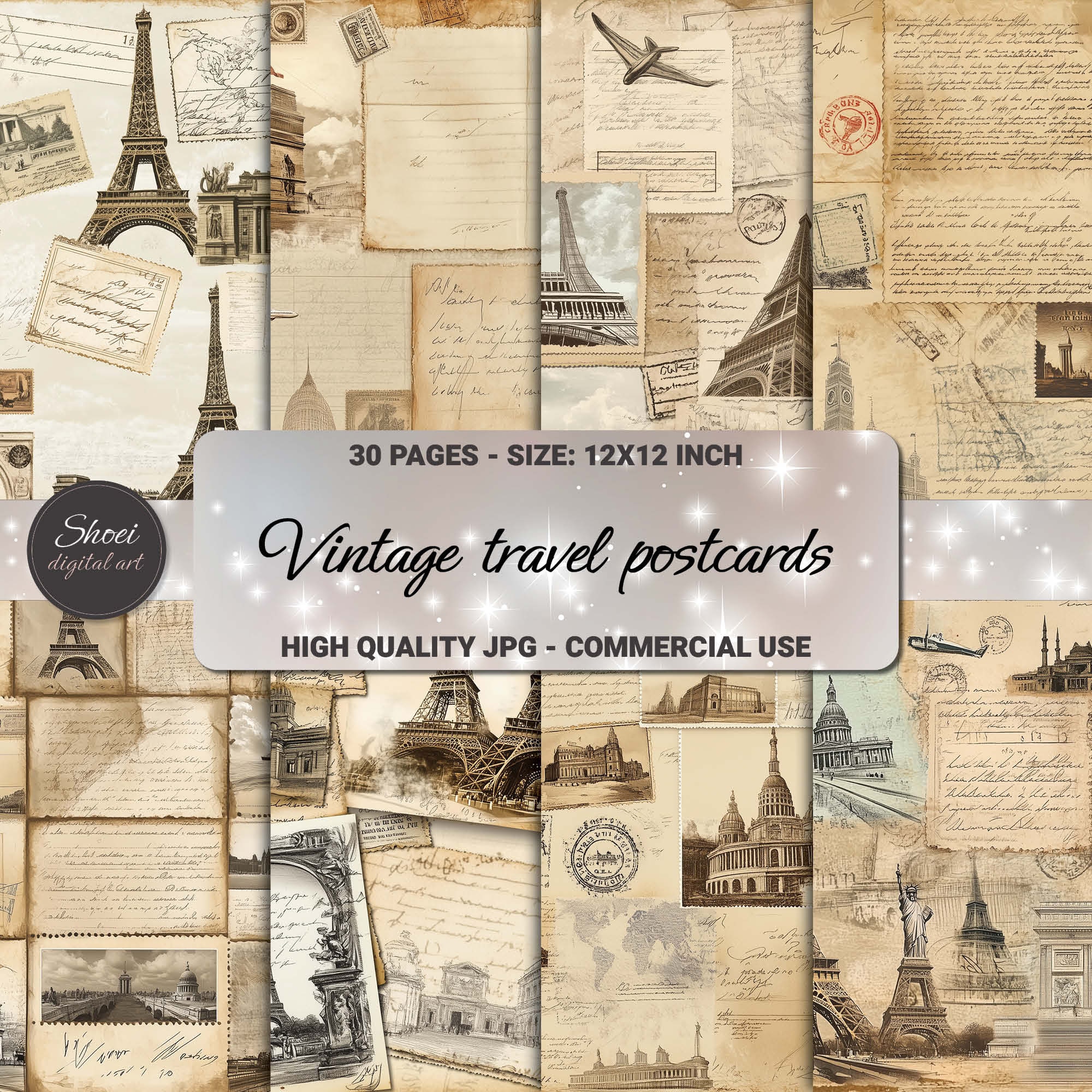 Vintage Travel Postcards Digital Paper: Scrapbook & Journal Ephemera ...