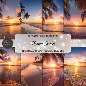 Puede incluir: Colección de impresiones de arte digital con escenas de atardeceres en la playa. Cada imagen muestra una vibrante puesta de sol sobre el océano con palmeras. El texto en la imagen dice "Beach Sunset" y "30 páginas - tamaño: 30x30 cm".