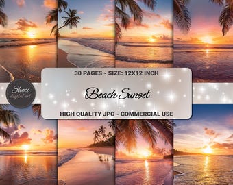 Beach Sunset Digital Paper Pack: Tropical Scrapbook Backgrounds (30 JPG, 12x12, Digital Download)
