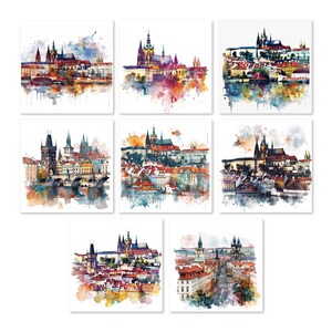 Prague watercolor clipart, old town cityscape illustration, Czech Republic printable art, gothic architecture digital image, white background.
