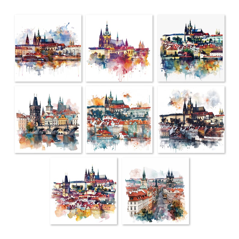 Prague watercolor clipart, old town cityscape illustration, Czech Republic printable art, gothic architecture digital image, white background.