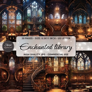 Enchanted Library Digital Papers - 30 design magici, sfondi di alta qualità per biblioteche gotiche, uso commerciale, 8,5 x 11 pollici