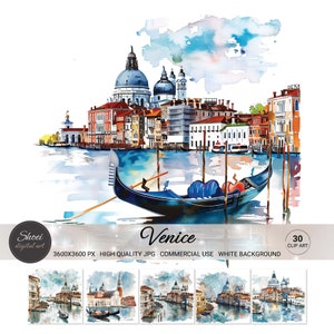 Pacchetto JPG Clipart acquerello di Venezia - Carta digitale per arte e artigianato, scrapbooking, creazione di biglietti, tecniche miste, pacchetto di clipart Italia