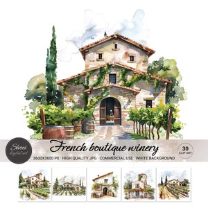 Franse boetiek wijnmakerij aquarel illustraties | 30 charmante wijngaard- en landgoedillustraties voor decor, menu's en cadeaus - commercieel gebruik
