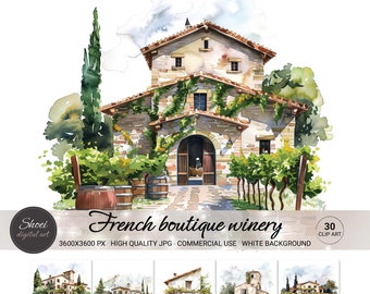 Watercolor French Winery Clipart Set: Provence Vineyard Illustrations (JPG, Commercial Use