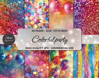 Balloons & Confetti Digital Paper: Birthday Scrapbook Backgrounds (30 JPG) (Digital Download)