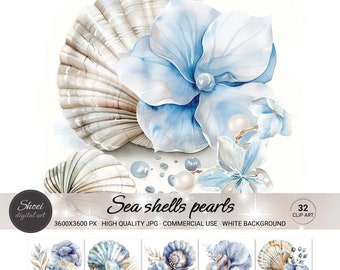 Aquarell Muscheln Clipart: Blaues Meer, Wasserhochzeit (32 JPG, Kommerzielle Nutzung)