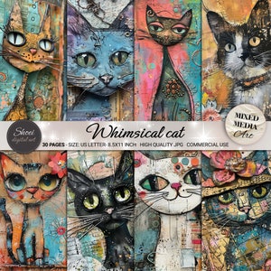 Papeles digitales de gatos caprichosos: 30 fondos artísticos de técnica mixta, diseños coloridos de gatos, imprimibles (8,5 x 11), scrapbooking creativo en formato JPG