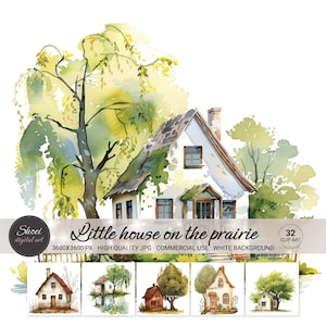 Clipart di casa di campagna affascinante - Arte di cottage rustico ad acquerello, ideale per scrapbooking e arredamento per la casa, stampa digitale di campagna