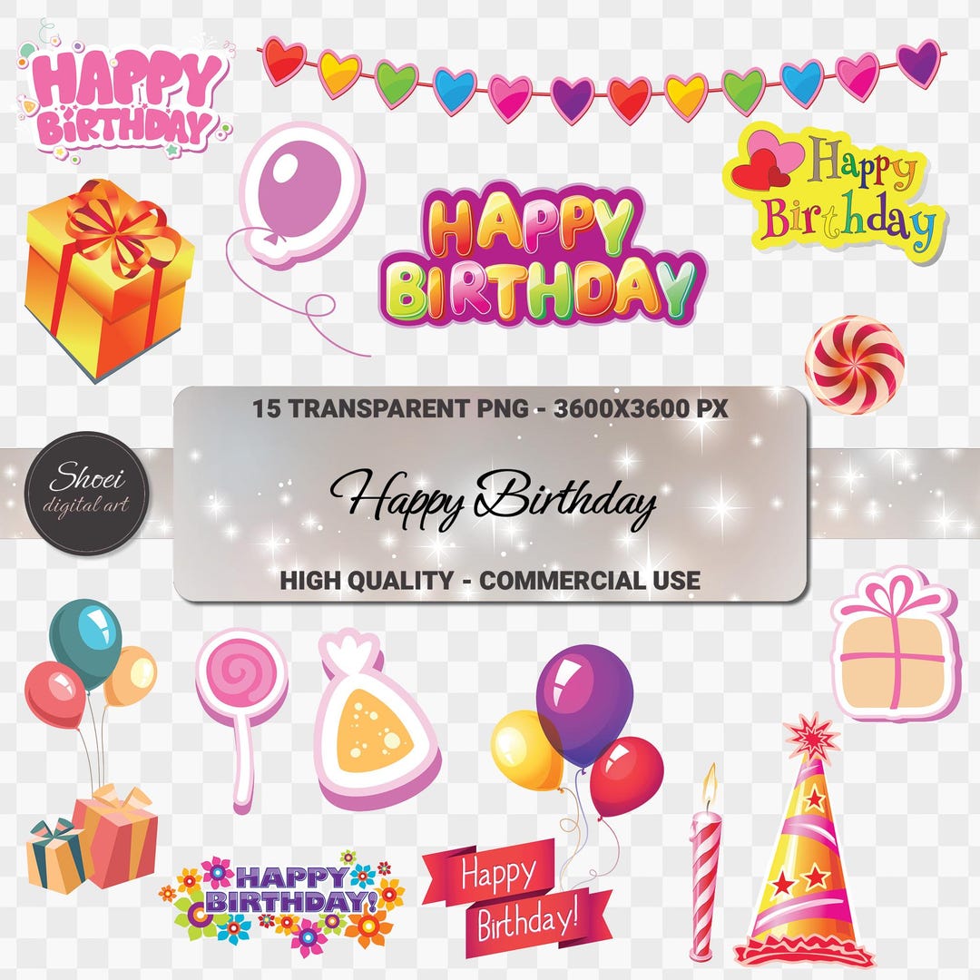 Birthday Party Clipart PNG: Balloons, Cake, Gifts (digital Download ...