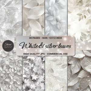 Digitale papiercollectie etherische witte en zilveren bladeren: 30 pagina's voor kunst, scrapbooking, commercieel gebruik