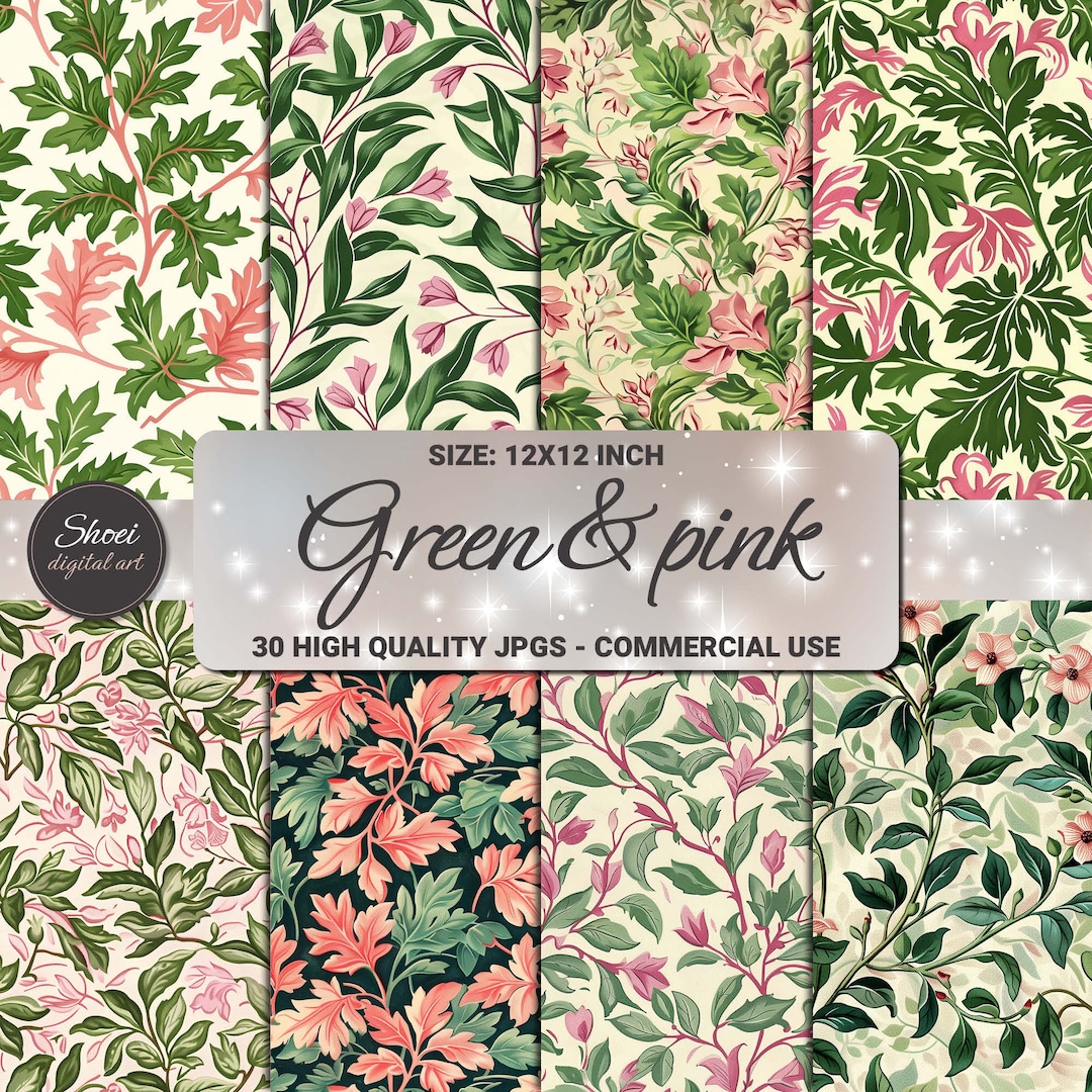 Green & Pink Floral Digital Paper Pack: Botanical Scrapbook (12x12 JPG ...
