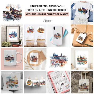 Prague watercolor clipart, old town cityscape illustration, Czech Republic printable art, gothic architecture digital image, white background.