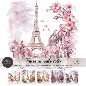 Colección de imágenes prediseñadas de París en acuarela: ilustraciones románticas de la Torre Eiffel y cerezos en primavera. Descarga instantánea para scrapbooking y manualidades.