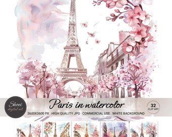 Paris Watercolor Clipart, Eiffel Tower Illustration, Paris Spring Art, 32 JPG, French Decor, Commercial Use, Printable Wall Art Set