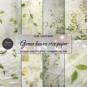 Carta di riso digitale con foglie verdi, carta per scrapbooking botanica stampabile 12x12, sfondo con piante naturali, pagina di diario Nature Junk, kit Greenery