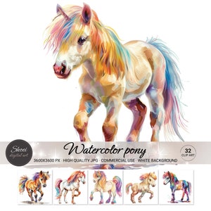 Aquarell Pony Clip Art | 32 bunte zauberhafte Pony Illustrationen für Kinderbücher, Raumdekor & zum Basteln - hochauflösende kommerzielle Nutzung