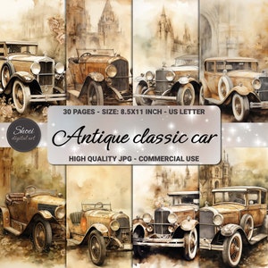 Papeles digitales de coches clásicos antiguos: 30 diseños de coches vintage, impresiones de alta calidad de 8,5 x 11 pulgadas para manualidades, scrapbooking y decoración.