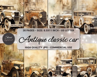 Papel digital de coches clásicos: 30 diseños de coches antiguos (impresiones de 8,5 x 11 pulgadas)
