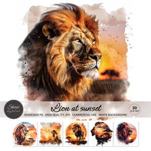 Clipart de un majestuoso león al atardecer: arte digital de alta resolución para safaris, amantes de los animales y manualidades creativas. Descarga instantánea.