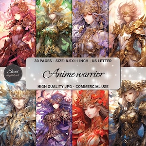 May include: A digital paper pack featuring 30 pages of anime warrior illustrations. The illustrations depict female characters in various poses, wearing elaborate armor and wielding weapons. The paper pack is 8.5x11 inches and is suitable for commercial use.