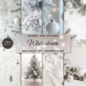 May include: A digital paper pack featuring 30 pages of white winter themed designs. The designs include a snowy pine tree, white branches, white baubles, and a white background with sparkling lights. The text "White charm" is displayed on the paper pack. The paper pack is 12 inches by 12 inches and is high quality JPG. It is for commercial use.