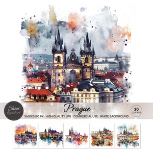 Prag Aquarell Clip Art | 30 wunderschöne tschechische Sehenswürdigkeiten Illustrationen für Reiseführer, Bildungszwecke und Kunsthandwerk - Kommerzielle Nutzung