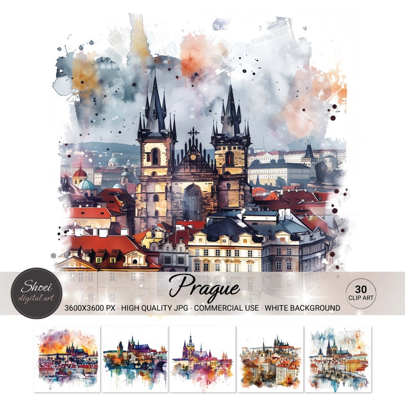 Prague watercolor clipart, old town cityscape illustration, Czech Republic printable art, gothic architecture digital image, white background.