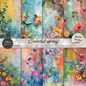 Colorful Spring Digital Papers - 30 Vibrant Mixed Media Designs, Floral and Butterfly Backgrounds, Printable 8.5x11 Art JPG