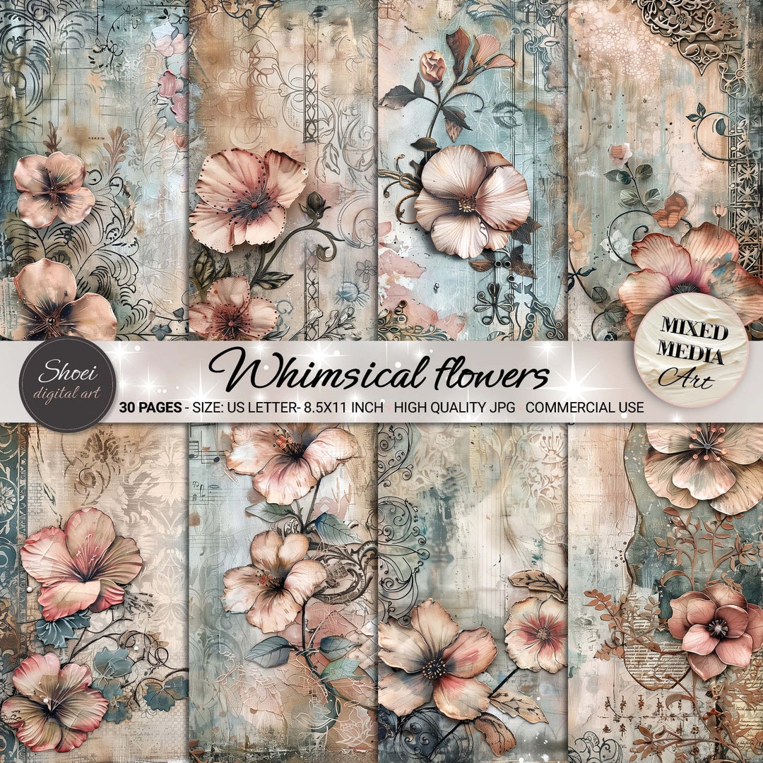 Whimsical Floral Grungy Digital Paper Set 30 Pages, Perfect for Junk ...