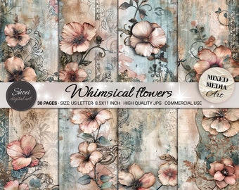 Floral Digital Paper: 30 Whimsical Mixed Media Designs (8.5x11, Commercial Use)