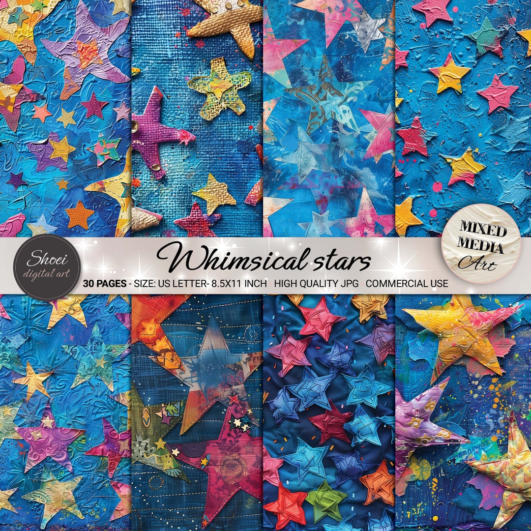 Whimsical Stars Digital Papers: Colorful Scrapbooking Backgrounds (8 ...