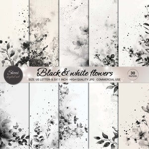 Schwarz-Weiß-Blumen-Digital-Papiere - 30 elegante monochrome Designs, Scrapbooking-Hintergründe, bedruckbar 8,5 x 11, künstlerisches Basteln JPG