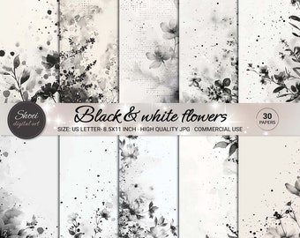 Monochrome Floral Digital Paper: Elegant Black & White Designs (8.5x11 JPG)