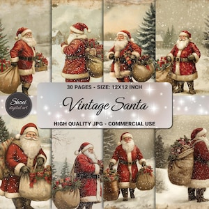 Vintage Santa Christmas Digital Paper: 30-Page Scrapbook Kit (Commercial Use)