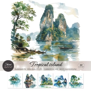 Tropical Island Watercolor Clipart Bundle - Arte e artigianato, album, download digitale - 32 pagine JPG Clipart - Download immediato