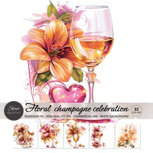 Clipart floral champagne célébration - verre à vin mousseux avec des fleurs, idéal pour les mariages et les occasions spéciales, art numérique de haute qualité