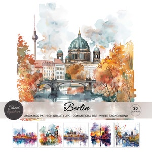 Clip Art acquerello di Berlino / 30 illustrazioni di paesaggi urbani autunnali per temi di viaggio, cartoline e uso didattico - Uso commerciale ad alta risoluzione