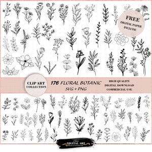 176 Botanische SVG PNG Bundle, Linie Kunst Blumen Wiese, minimalistischer Blumenstrauß, Wildblume schwarz Clipart, kommerzielle Nutzung, druckbare Dekoration