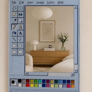 May include: A rectangular wall mirror designed to resemble a vintage computer software interface. The frame features a light blue border with a toolbar, colour palette, and the text "untitled - Paint" and "For Help, click Help Topics on the Help Me".
