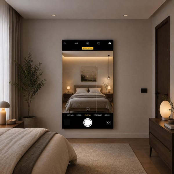 May include: A rectangular wall mirror featuring a digital camera interface overlay. The mirror displays a high-resolution reflection of a bedroom interior with a bed, lamps, and wall art, framed by black camera UI elements including AE/AF LOCK.