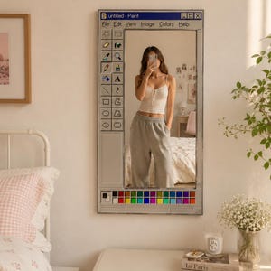 May include: A rectangular wall mirror featuring a frame designed to resemble the classic Microsoft Paint computer software interface. The frame includes a toolbar with icons, a colour palette at the bottom, and the title bar reading untitled - Paint.