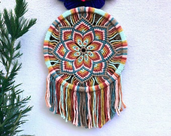 Macrame Mandala, Dreamcatcher, Hand Woven Wall Hanging, Boho decor for small spaces and gifting. Can be customized in other colors.