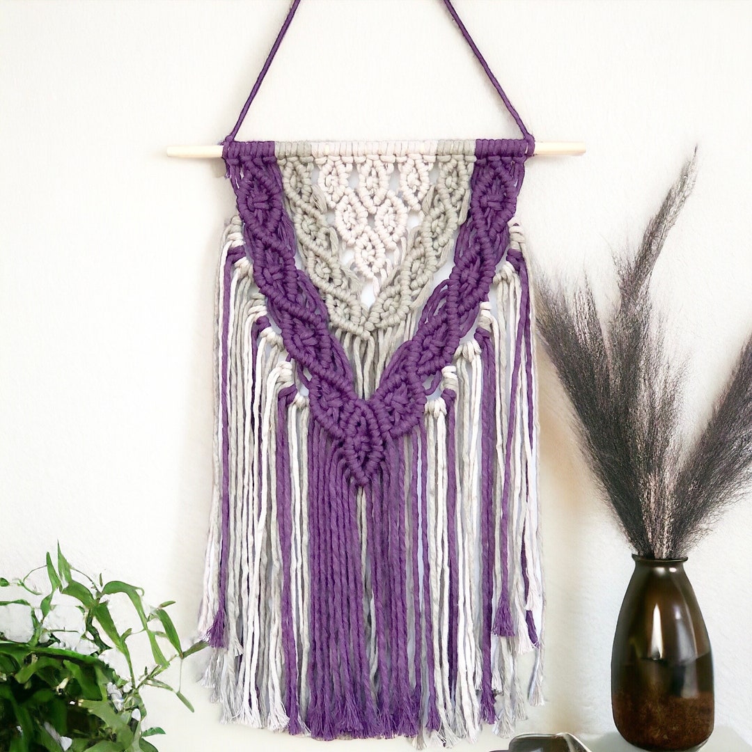 Image showcasing Boho Chic Macrame Wall Hanging in Stunning Violet and Grey Tones ...