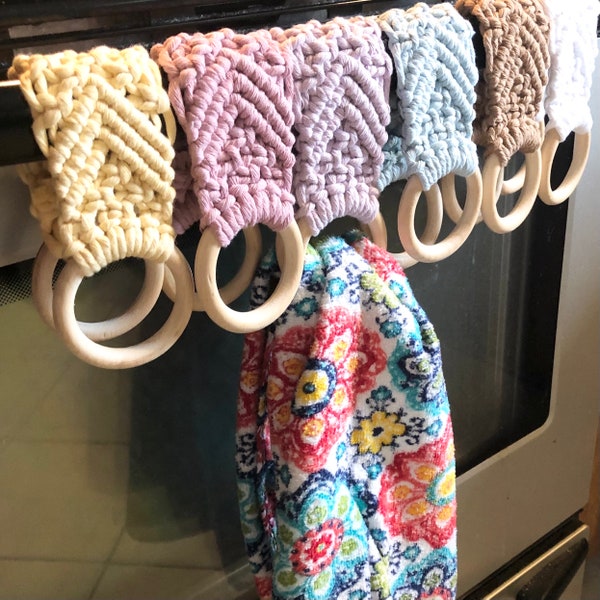 Boho Kitchen Tea Towel Hanger | Macrame Oven Towel Holder | Custom Kitchen Decor Wood Ring Towel Hanging | Gift For Mom