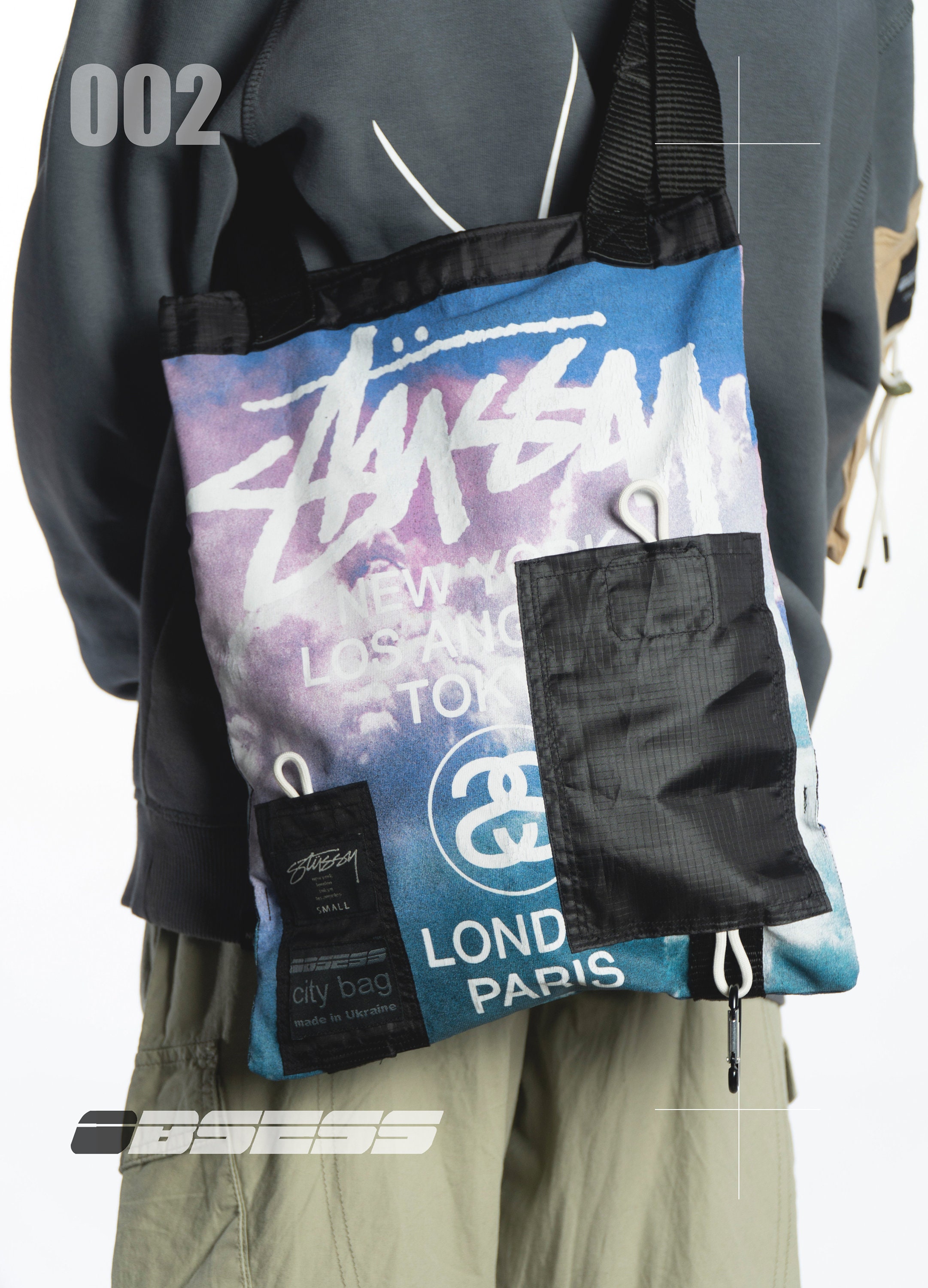 OBSESS Upcycling STUSSY Custom City Bag Sky Print Big Logo Functional Eco Bag With Pockets and Carabine Etsy Ireland