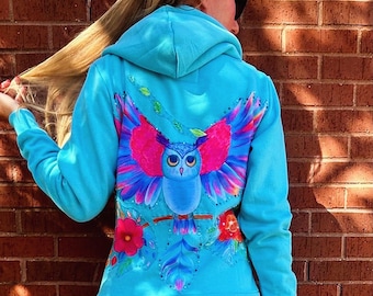 owl handmade unique hoodie rave burning man edc festival custom made sweatshirt glow in  black light reactive art merch size small