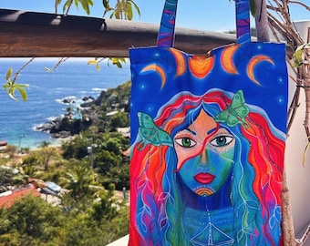 art tote bag yoga grocery shoulder bag purse canvas unique handmade colorful beautiful rare moon phases fairy mermaid interesting funky