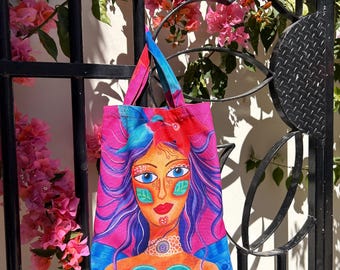 art tote bag yoga grocery shoulder bag purse canvas unique handmade colorful beautiful rare moon phases fairy mermaid interesting funky