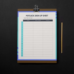 May include: A white sign-up sheet with blue and turquoise accents. The sheet is titled "Potluck Sign-Up Sheet" and has columns for name, dish/drink, and phone number. The sheet is numbered 1-15.